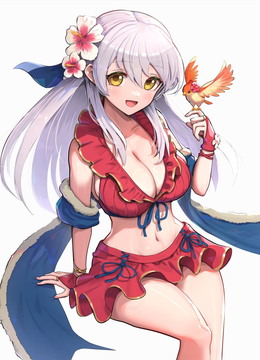 1girls absurdres alternate_costume bikini bird bird_on_hand blue_ribbon breasts bridal_gauntlets cleavage female female female_only fire_emblem fire_emblem:_radiant_dawn fire_emblem_heroes flower frilled_bikini frills gloves gonzarez hair_flower hair_ornament hair_ribbon highres large_breasts long_hair looking_at_viewer micaiah_(fire_emblem) micaiah_(summer)_(fire_emblem) navel nintendo official_alternate_costume partially_submerged red_bikini red_gloves red_swimsuit revision ribbon sitting smile solo swimsuit thighs white_background yellow_eyes yune_(fire_emblem)