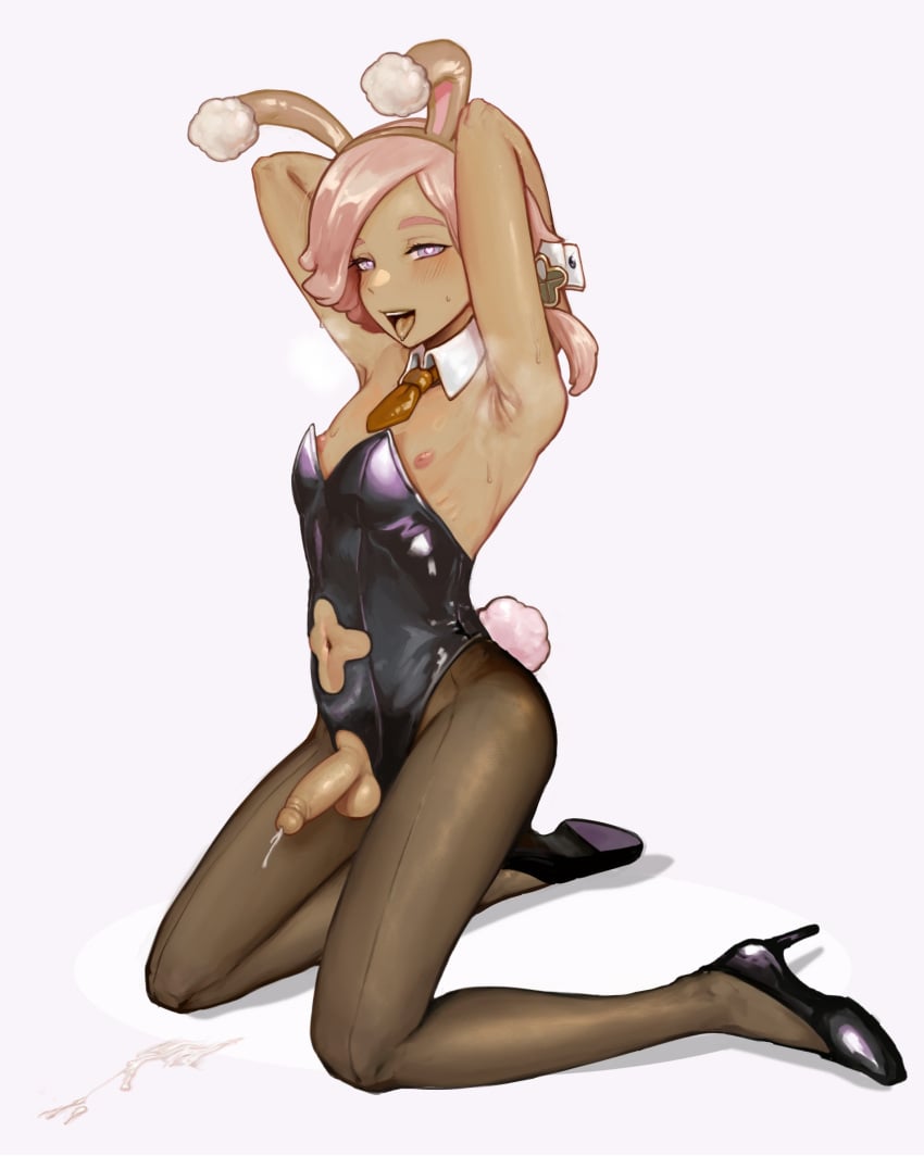 1boy arms_behind_head bunnysuit cum dark-skinned_femboy dark-skinned_male ejaculation fake_animal_ears fake_rabbit_ears femboy high_heels ilima_(pokemon) leotard male male_only male_playboy_bunny nipples nohtuy18 on_knees oversized_breast_cup pantyhose penis pink_hair playboy_bunny pokemon pokemon_sm sissy solo strapless_leotard white_background