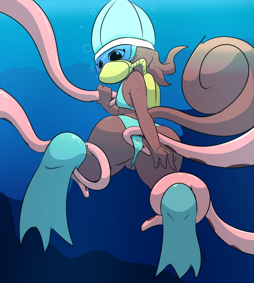 2018 anthro anthro_penetrated bikini bound brown_fur brown_hair cephalopod clothing davidsanchan digital_media_(artwork) dot_eyes eyelashes female feral fur hair imminent_sex looking_back mammal marine octopus penny_squirrel pussy rear_view rodent secret_squirrel_show squirrel swimsuit tentacle underwater water wedgie