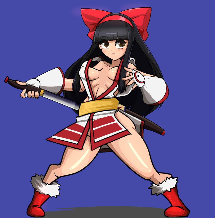 1girls ainu_clothes black_hair breasts brown_eyes cleavage female female_only fighting_stance fingerless_gloves gloves hair_ribbon highres king_of_fighters long_hair medium_breasts nakoruru navel no_bra no_panties ribbon samurai_shodown snk solo thick_thighs thighs voluptuous weapon