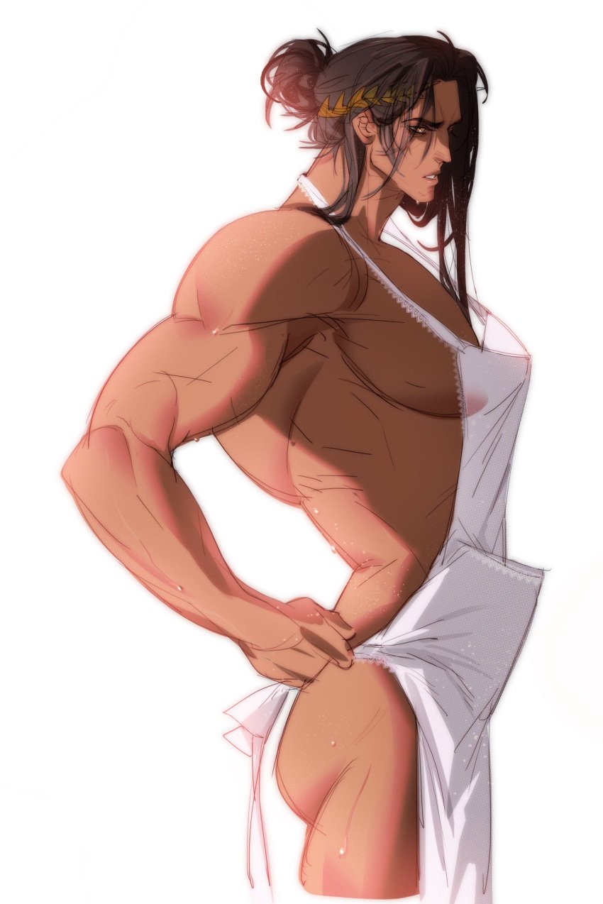 apron apron_only artist_request black_hair flybird651028 god-emperor_of_mankind imperium_of_man long_hair looking_at_viewer male male_only muscular muscular_male naked_apron nude_male tanned tanned_skin tied_hair warhammer_(franchise) warhammer_40k