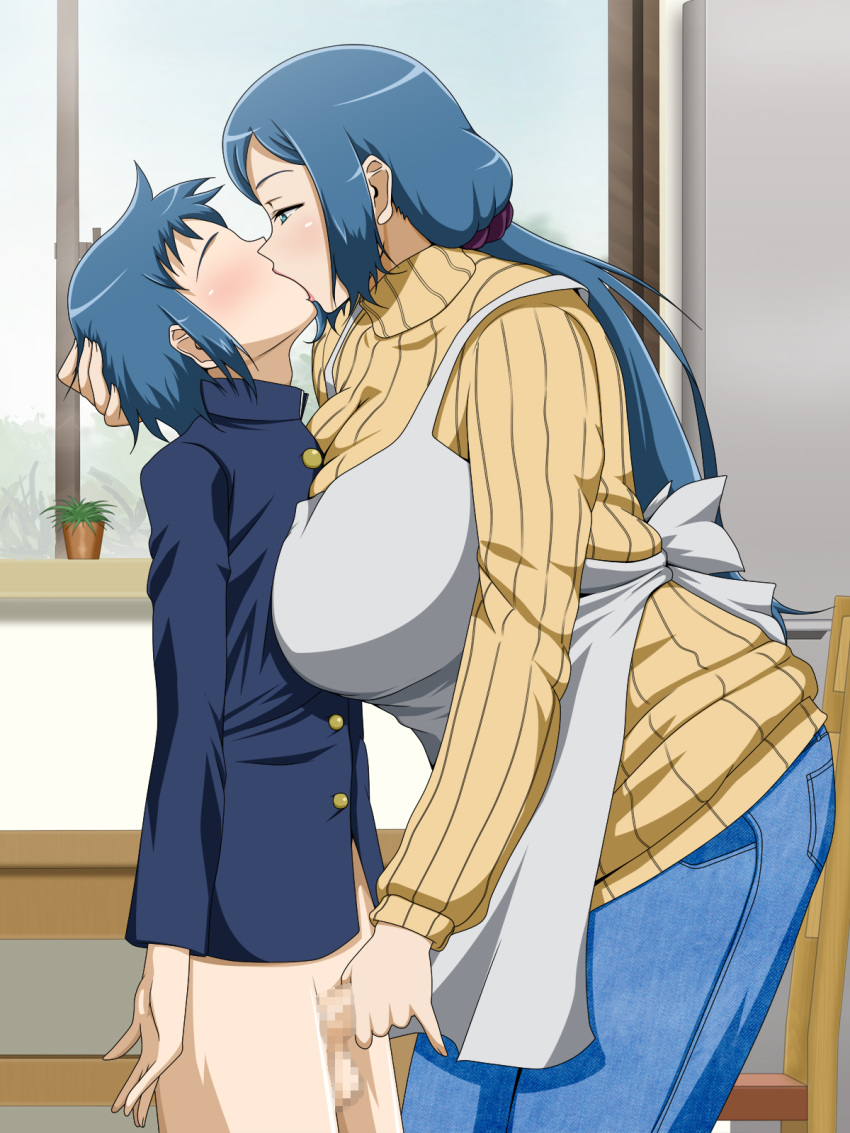 apron aqua_eyes blue_eyes blue_hair blush bottomless breasts censored female gundam gundam_build_fighters half-closed_eyes handjob highres huge_breasts incest indoors iori_rinko iori_sei kissing legs looking_at_another milf mosaic_censoring mother_and_son no_eyes penis school_uniform standing sweater thighs turtleneck turtleneck_sweater vermilion