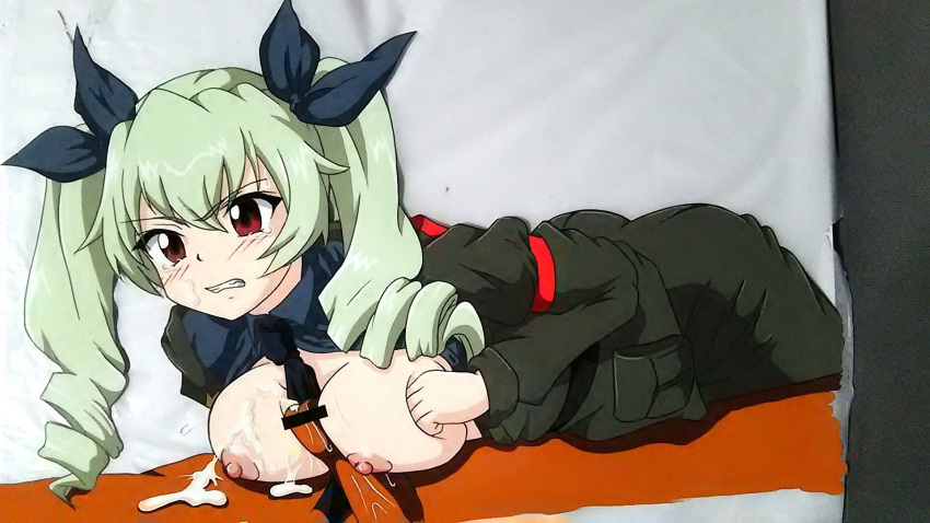 1boy anchovy anzio_military_uniform ass blush breasts breasts_out censored clenched_teeth cum cum_on_body cum_on_breasts cum_on_upper_body drill_hair female girls_und_panzer green_hair hair_ornament hair_ribbon hasamimushi highres large_breasts looking_at_viewer nipples open_clothes open_shirt paizuri photo_(medium) red_eyes ribbon shirt simple_background solo tears teeth white_background