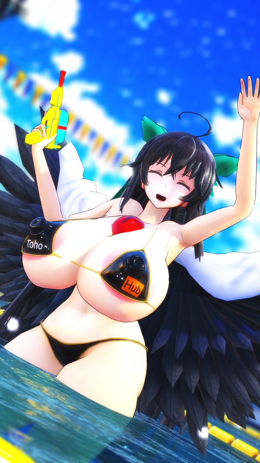 1girls 3d anastasia123mmd bikini black_wings breasts crow_girl crow_wings curvy curvy_figure female huge_breasts logo_parody pornhub_bra solo swimsuit tagme third_eye touhou utsuho_reiuji water_gun wings yokai youkai