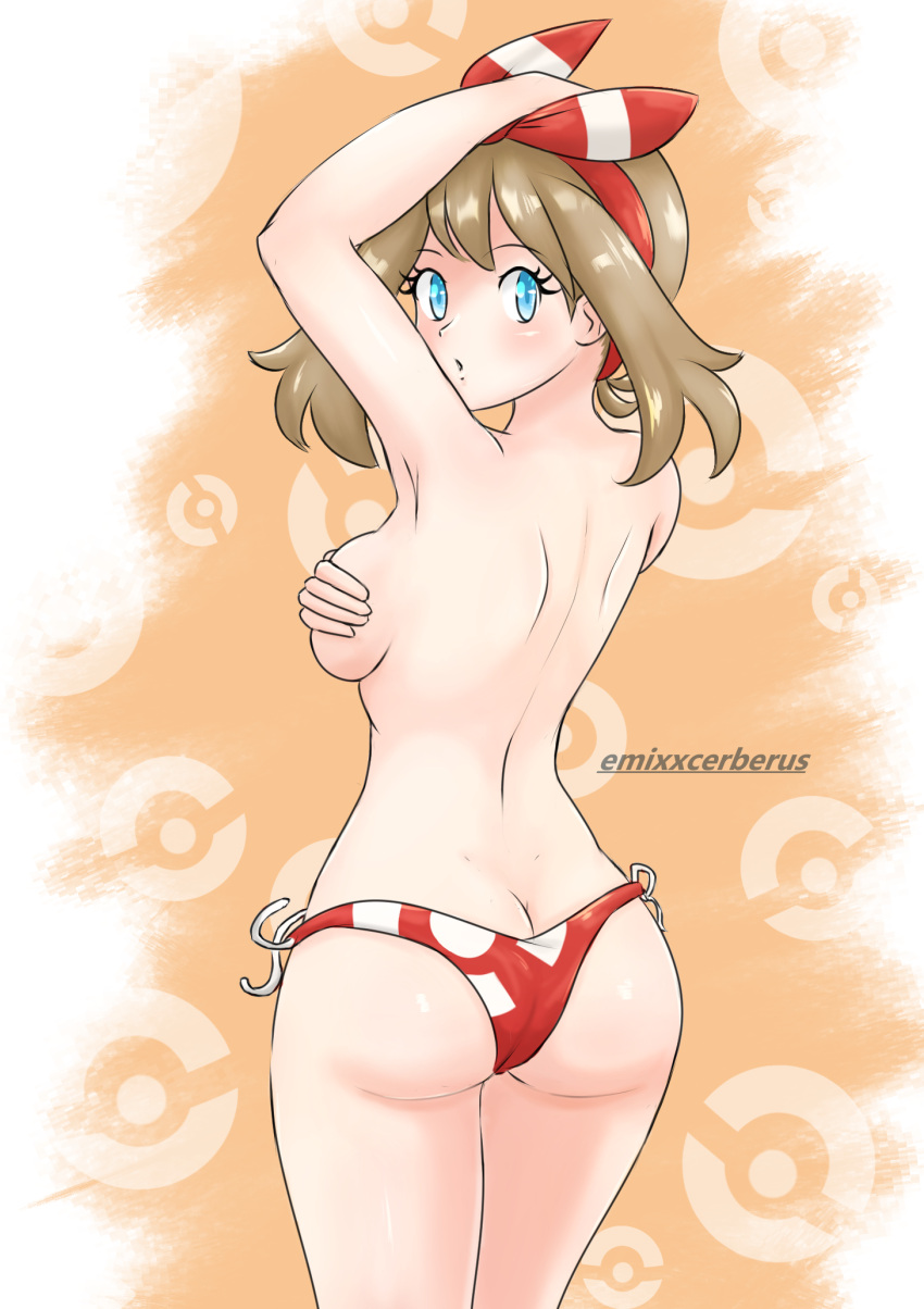 1girls ass blue breasts brown_hair emixxcerberus eyes female_only handbra may_(pokemon) may_(pokemon_oras) pokemon pokemon_oras solo swimsuit topless