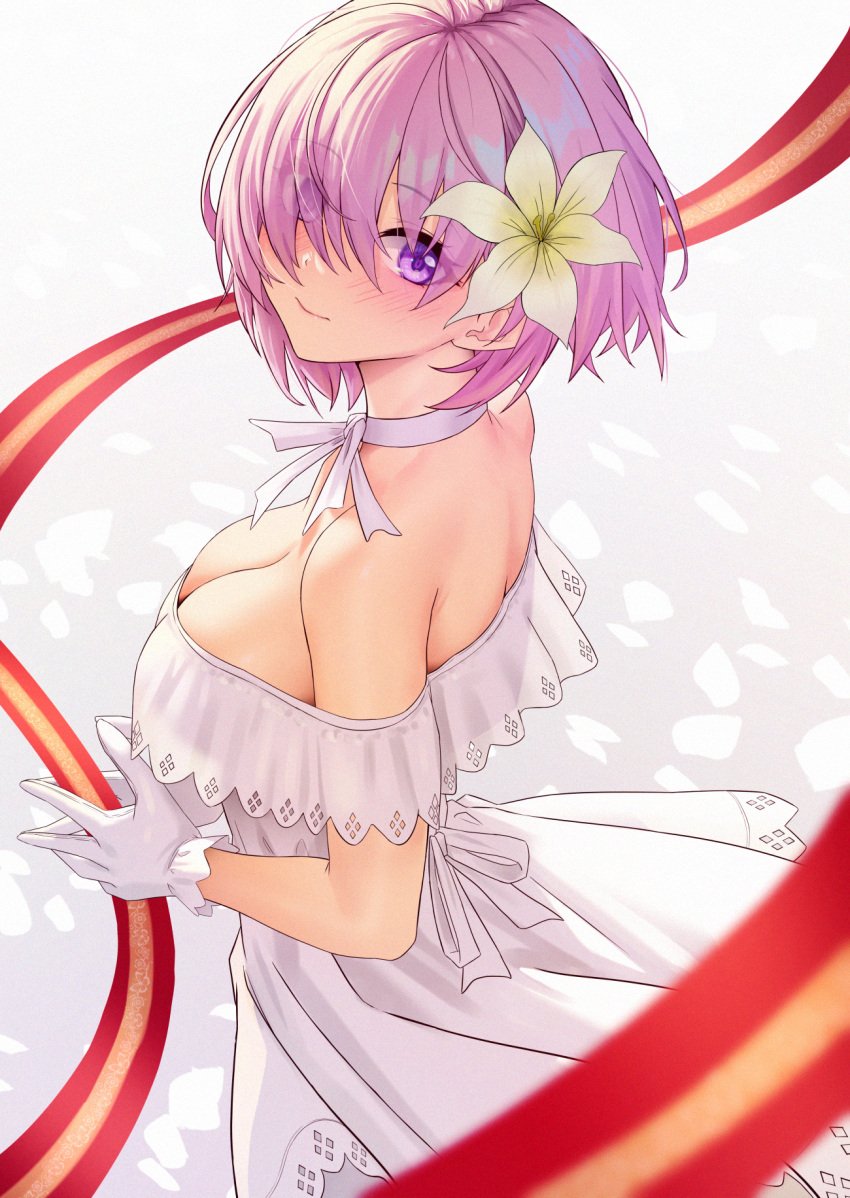 1girls artist_request blue_ribbon breasts cleavage dress fate/grand_order fate_(series) female hair_over_one_eye light-skinned_female light_skin mash_kyrielight mashu pink_hair purple_eyes shielder_(fate) shielder_(fate/grand_order) short_hair sitting solo type-moon white_dress