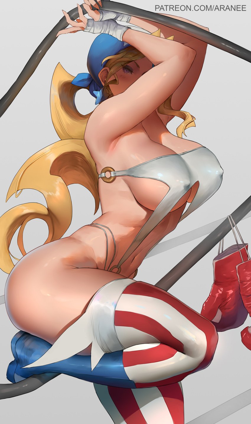 1girls alternate_costume american_flag_legwear araneesama arms_behind_back ass bandana big_ass big_breasts big_butt blonde blonde_female blonde_hair blonde_hair_female blue_eyes blush boots boxing_gloves butt capcom curvy female_focus female_only large_breasts light-skinned_female light_skin long_hair looking_at_viewer one_leg_up pale-skinned_female pale_skin revealing_clothes rival_schools star_shaped_earrings thick_thighs thigh_highs thighhighs thighs tiffany_lords visible_nipples white_background