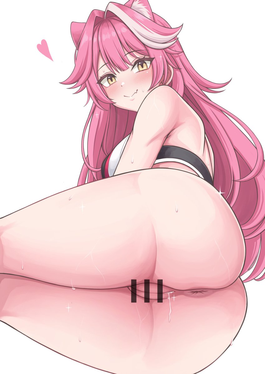 anus ass back bar_censor bare_shoulders black_tube_top blush bottomless breasts censored chika_no_karasu closed_mouth commentary_request eyeshadow female hair_between_eyes heart highres hololive hololive_english hololive_english_-justice- large_breasts long_hair looking_at_viewer lying makeup multicolored_hair no_tail oerba_yun_fang on_side panther_ears panther_girl pink_eyeshadow pink_hair pink_tube_top pussy raora_panthera simple_background skin_fang smile solo strapless streaked_hair suggestive_fluid sweat thighs tube_top two-tone_hair virtual_youtuber white_background white_tube_top yellow_eyes