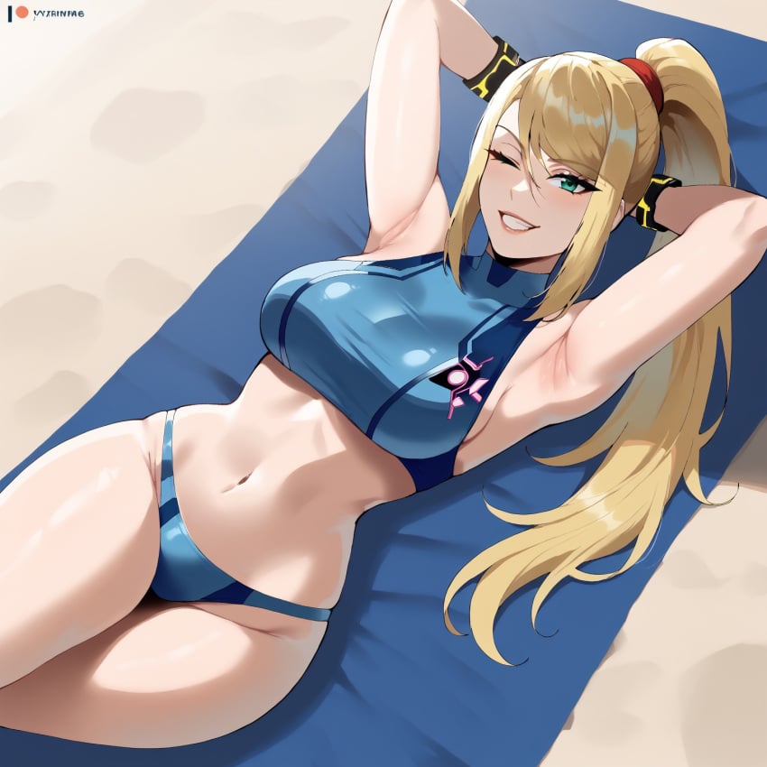 1girls ai_generated beach big_breasts blonde_hair blue_bikini blue_bottomwear blue_topwear dug-lith-pls hands_behind_head laying_down laying_on_back laying_on_towel long_hair metroid midriff nintendo samus_aran self_upload solo thiccwithaq_(ai_style) thick_thighs wristband yodayo zero_suit_samus