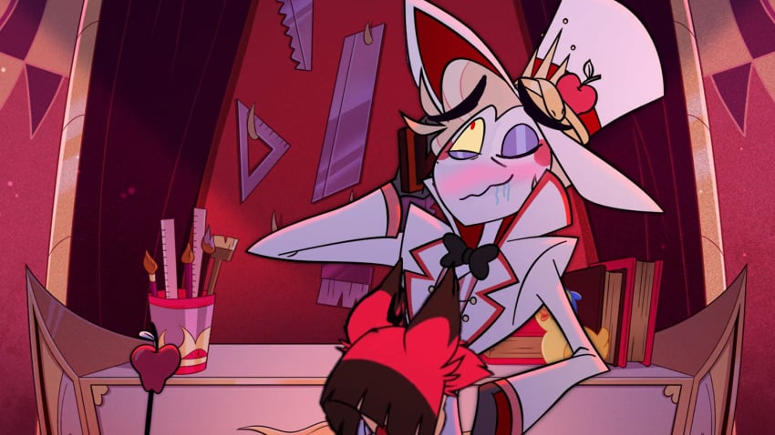 alastor_(hazbin_hotel) blowjob blush drool gay hazbin_hotel lucifer_morningstar_(hazbin_hotel) radioapple screencap screenshot screenshot_edit sensua_arts wink