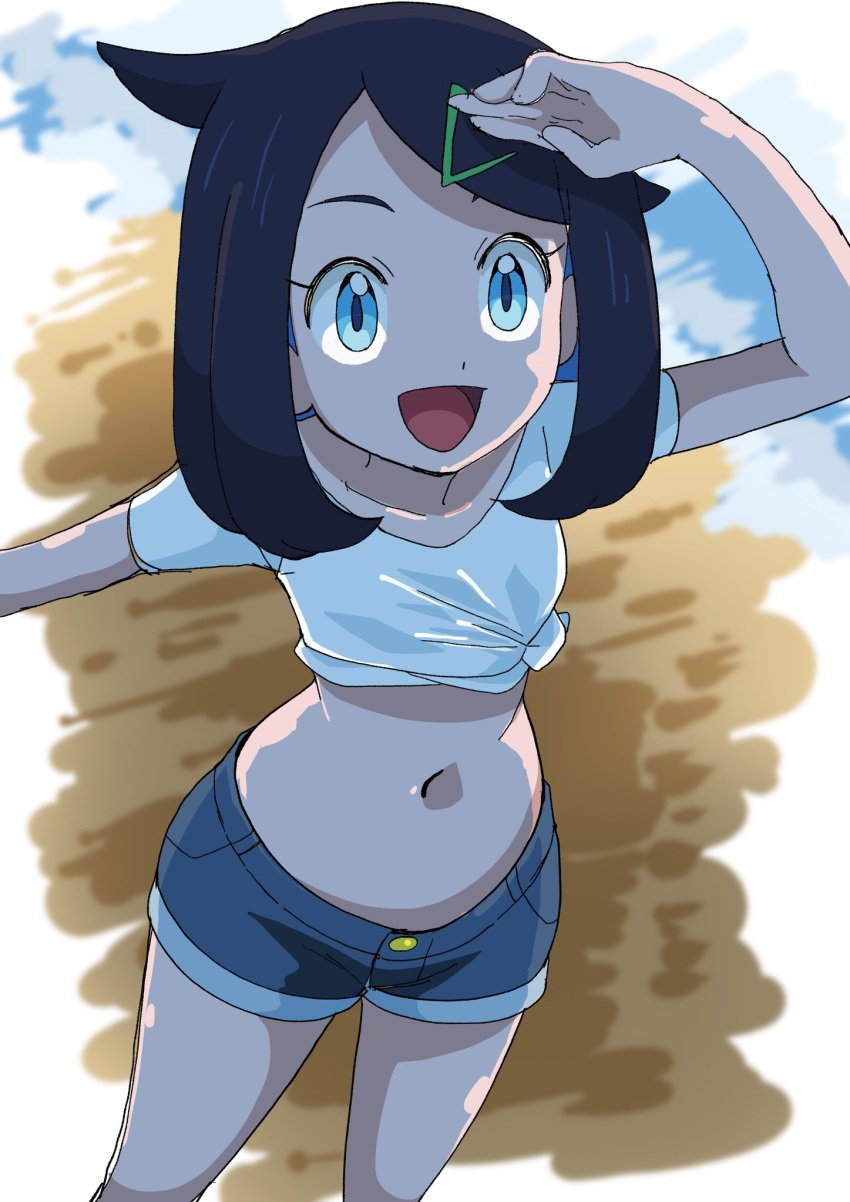 1girls belly belly_button blue_hair female female_focus female_only fully_clothed hainchu jean_shorts jpeg liko_(pokemon) midriff pale-skinned_female pale_skin pokemon pokemon_trainer shorts solo solo_female solo_focus white_shirt