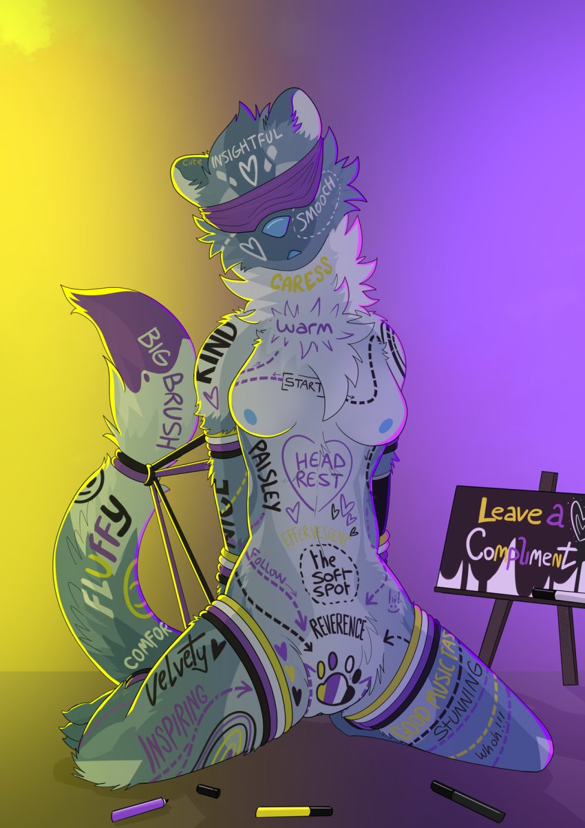 anthro blindfold body_writing bondage bound female furry gulonine hi_res lgbt_pride mammal marten mustelid musteline nonbinary_pride_colors pride_colors restrained rope scotia solo spread_legs spreading wholesome_body_writing writing_on_belly writing_on_breasts writing_on_chest writing_on_face writing_on_leg writing_on_tail writing_on_thigh zeptophidia