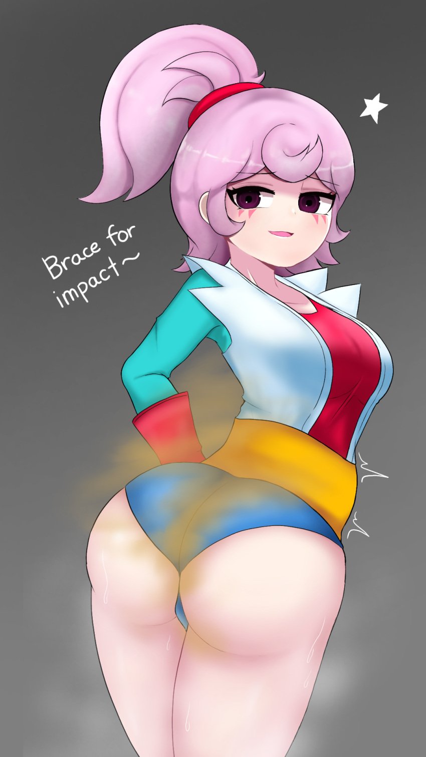 1girls ass_focus big_ass big_thighs brawl_stars breasts fart fart_cloud fart_fetish farting janet_(brawl_stars) looking_back pink_hair ponytail smell xbrawlx