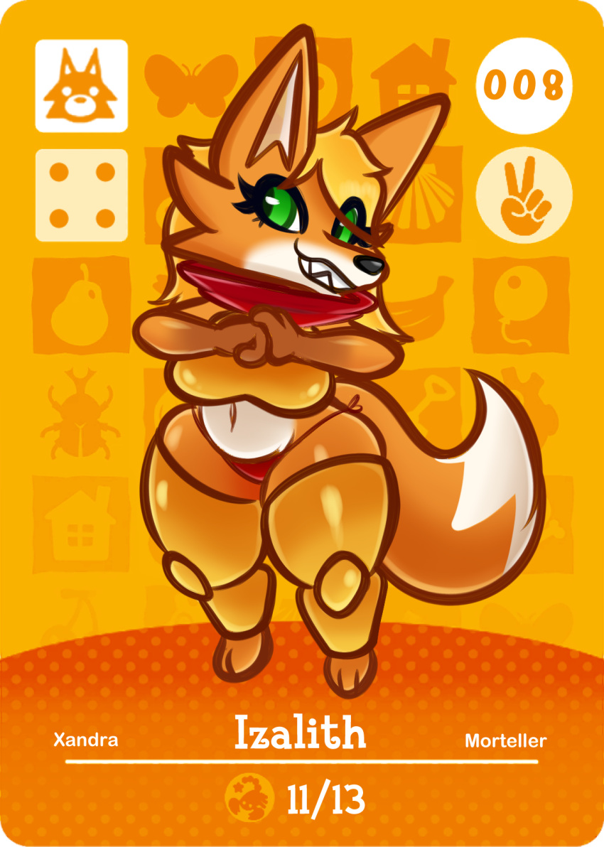 amiibo_card anthro armor arturfox blonde_hair breasts canid canine card clothing female fox green_eyes hair hi_res mammal navel orange_body scarf solo tail thong underwear