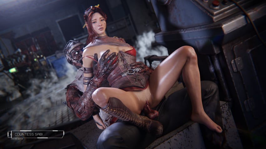 1boy 1girls 3d 3d_(artwork) breasts brown_hair dbd dead_by_daylight exposed exposed_breasts exposed_pussy feet female feng_min holding_breast male partially_clothed patreon sabithegreen sex the_doctor_(dead_by_daylight) vaginal_penetration