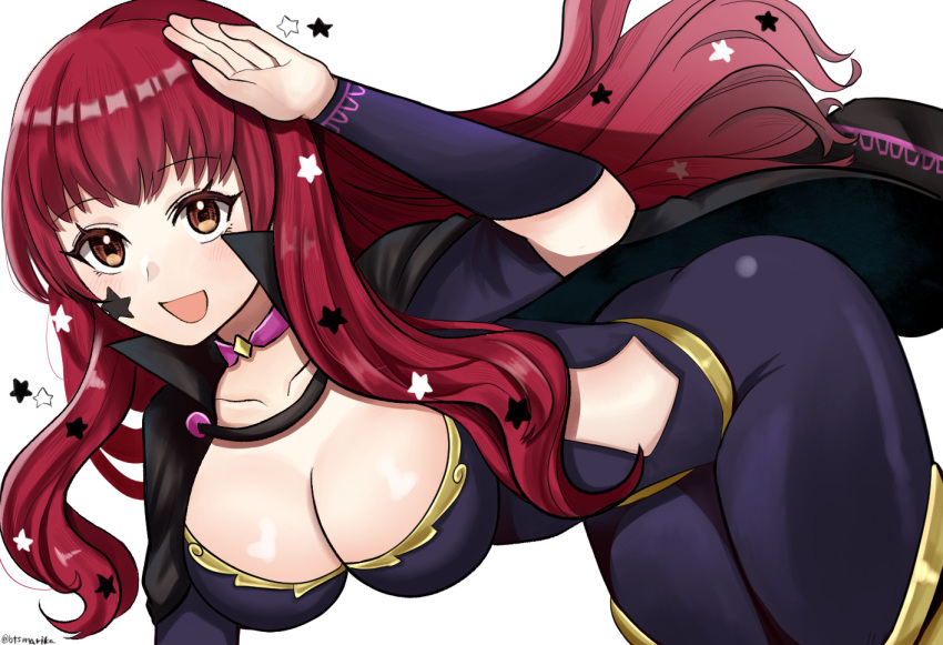 :d ass bent_over big_ass bodysuit breasts choker cleavage female fire_emblem fire_emblem_engage large_breasts long_hair looking_at_viewer open_mouth otokajife pink_choker purple_bodysuit red_hair simple_background smile solo thighs very_long_hair white_background yunaka_(fire_emblem)