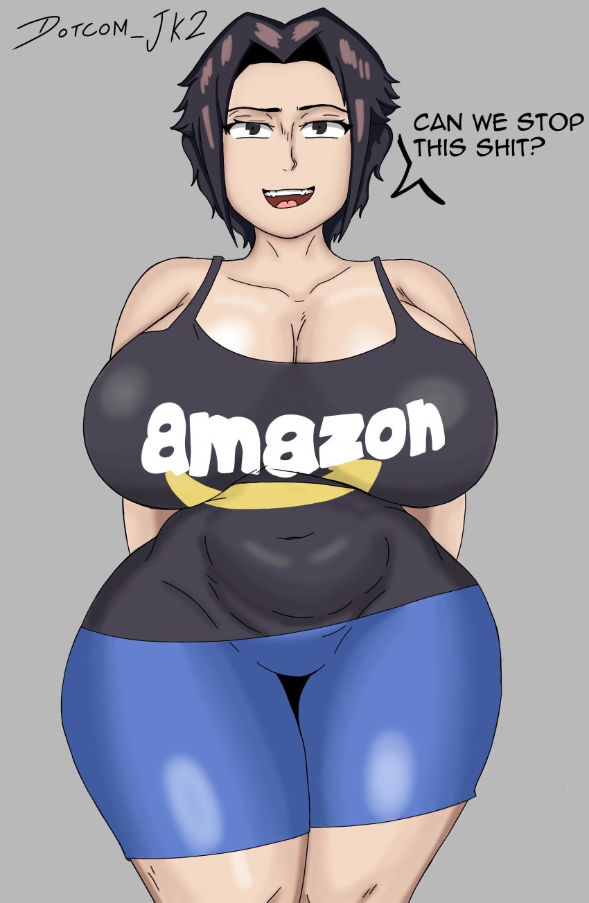 1girls amazon_(company) angry big_ass big_breasts big_thighs black_eyes black_hair curvy dotcomjk2_(artist) lifting_clothing only_female original_character sharp_teeth shorts talking_to_viewer tank_top text thick_thighs