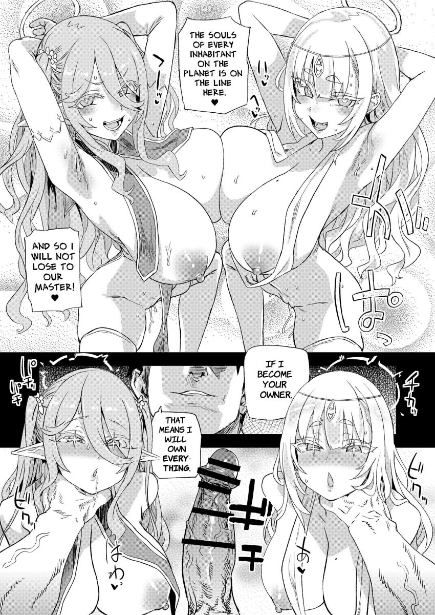 1boy 2girls arms_above_head asanagi big_breasts blonde_female blush cock_drunk defeated elf_ears goddess grabbing_neck halo harem_outfit horny_female huge_cock long_hair long_penis looking_at_penis manga_page multiple_girls stars_in_eyes submissive_female symbol_shaped_pupils