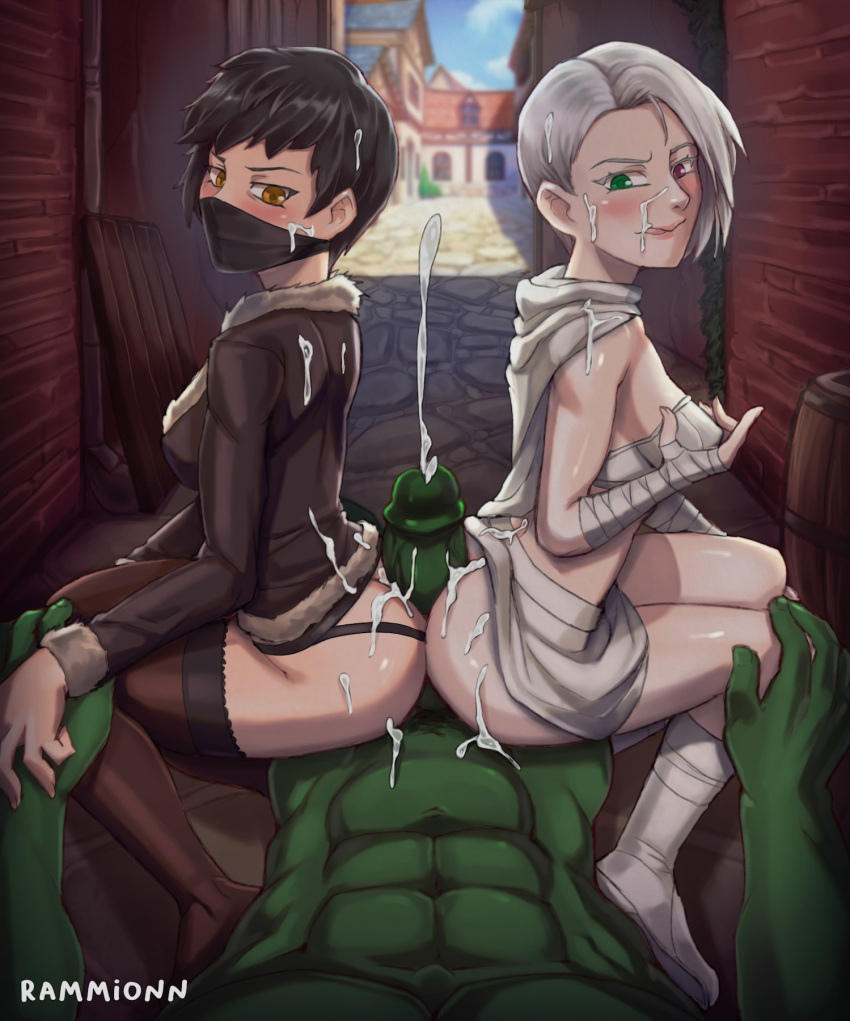 1boy2girls 2girls alleyway arm_wraps black_hair blush cum cum_on_face cum_on_hair cum_on_tongue fantasy green_skin heterochromia hotdogging jacket masked_female multiple_girls orc orc_male outercourse rammionn short_hair stockings threesome white_hair