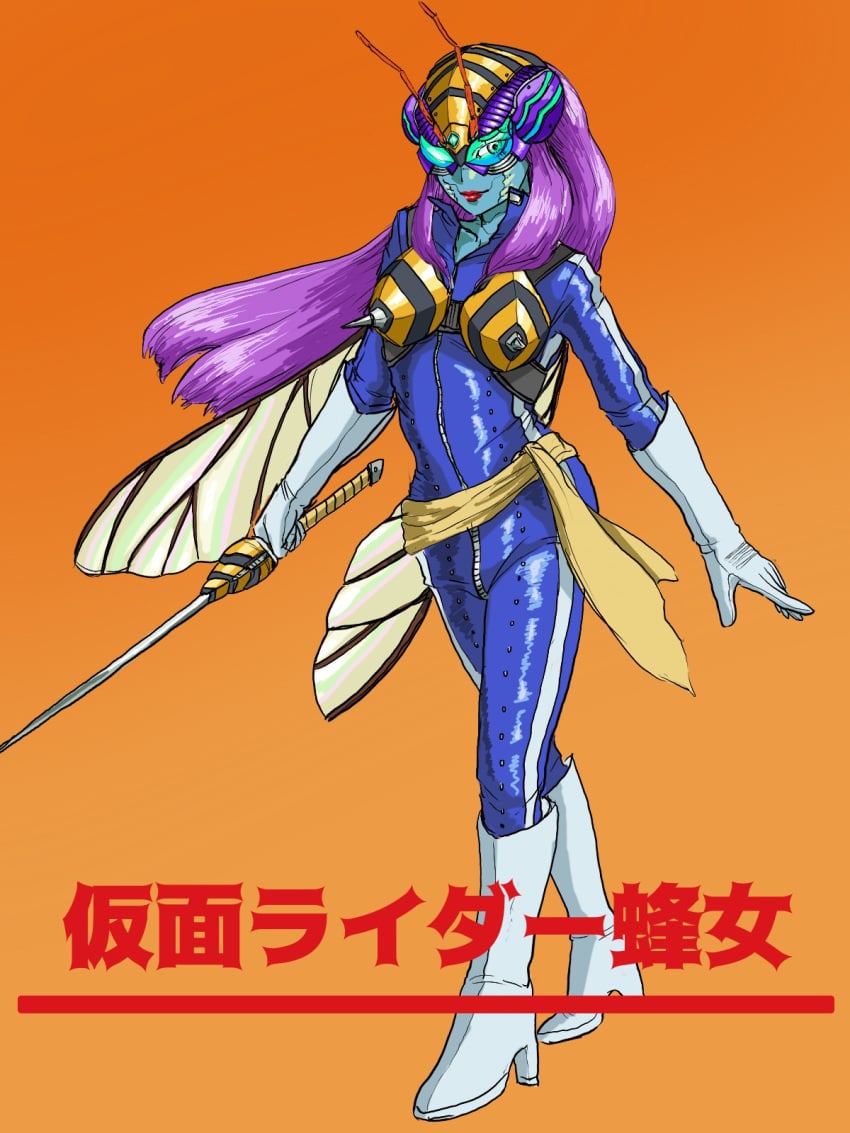 1girls artist_request bee bee_girl bee_woman blue_skin bodysuit breasts green_eyes high_heel_boots high_heels insects kamen_rider large_breasts nipples pink_hair