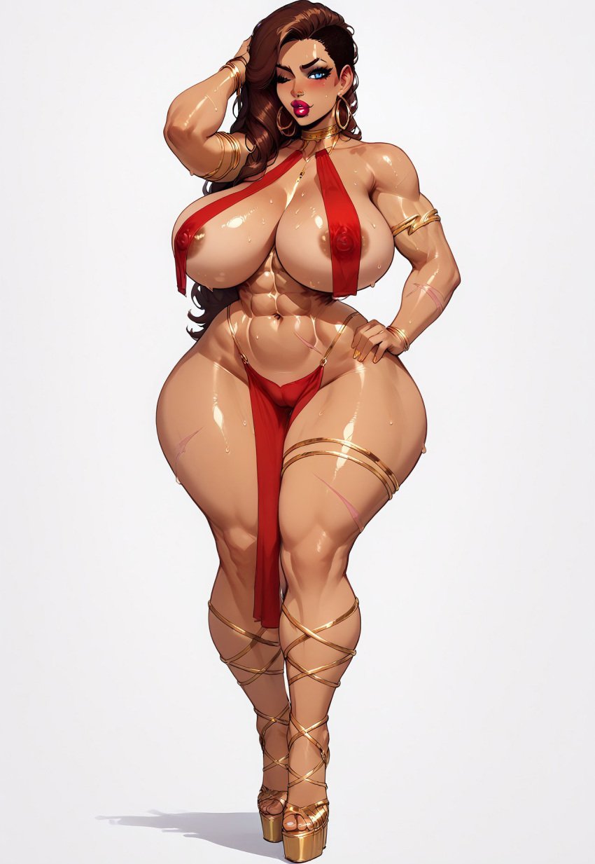 ai_generated bimbo bimbofication bronze_skin_color dark-skinned_female dota dota_2 high_heels legion_commander mortred_(artist) platform_heels revealing_clothes tanned tanned_skin