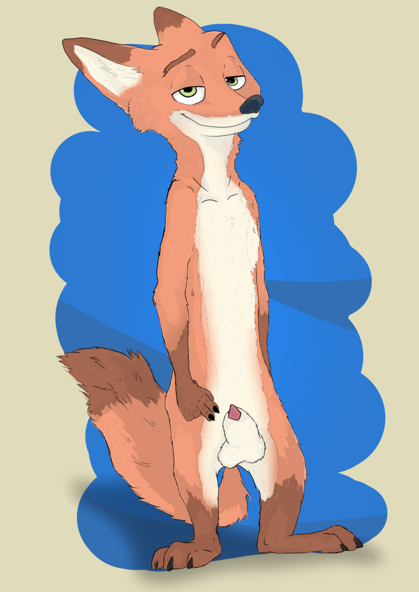 1boy animal_genitalia animal_penis anthro balls barefoot canine canine_penis disney fluffy fluffy_tail fox front_view fur green_eyes half-closed_eyes looking_at_viewer male male_only mammal nick_wilde nude paws penis penis_tip pointing sheath simple_background smile snount solo standing thatspecialfox zootopia