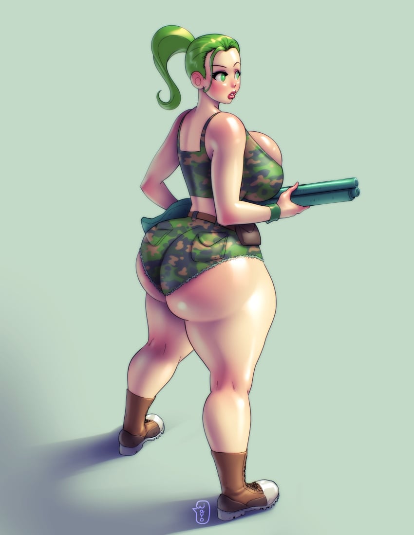 army_men bulging_breasts camouflage green_eyes green_hair huge_ass short_shorts thick_thighs vikki_grimm wayo