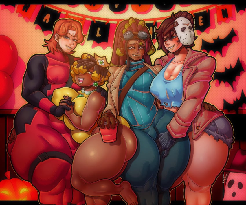 4boys anthony_garcia big_ass big_breasts bottom_heavy bottom_heavy_femboy bottom_heavy_male chocolate_and_vanilla cleavage dark-skinned_femboy dark-skinned_male dark_skin deadpool_(cosplay) femboy grabbing_ass jason_voorhees_(cosplay) light-skinned_femboy light-skinned_male light_skin male_with_breasts mask nattonsfw patricia_garcia princess_daisy_(cosplay) riley_(desiricvampire) thick_thighs voluptuous voluptuous_female voluptuous_male wide_hips william_garcia