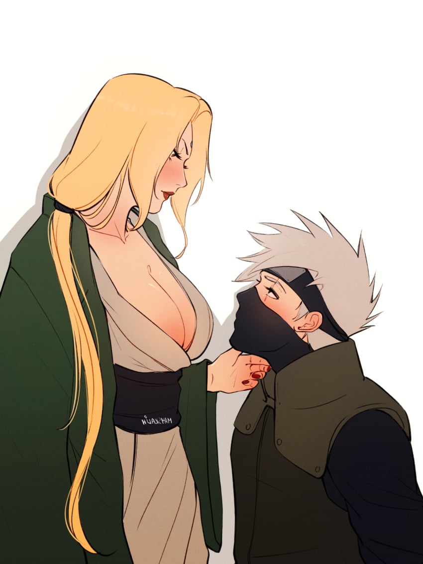 1boy 1girls big_breasts blonde_female blonde_hair blush busty cleavage female hatake_kakashi lipstick long_hair looking_at_partner looking_up male male/female mask mature_female mayskalih nail_polish naruto naruto_(series) naruto_shippuden red_lipstick red_nail_polish red_nails silver_hair straight tsunade