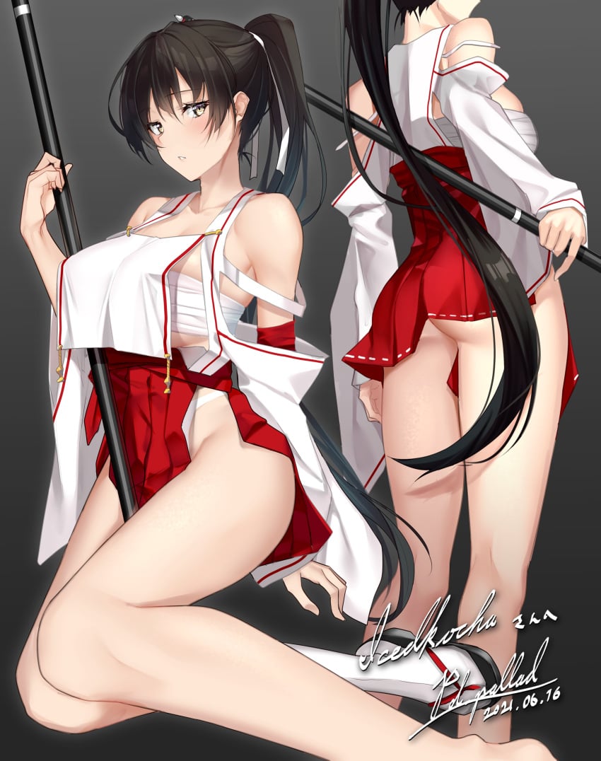 absurdres ass bare_legs barefoot big_breasts black_hair blush breasts cleavage commentary commission cowboy_shot crop_top crop_top_overhang dated detached_sleeves english_commentary female fundoshi grey_background groin hair_between_eyes high-waist_skirt highres holding holding_weapon japanese_clothes large_breasts legs long_hair looking_at_viewer multiple_views nontraditional_miko original outline pallad parted_lips pleated_skirt polearm ponytail red_skirt sarashi second-party_source side_slit signature simple_background skeb_commission skirt thighs weapon wide_sleeves yellow_eyes