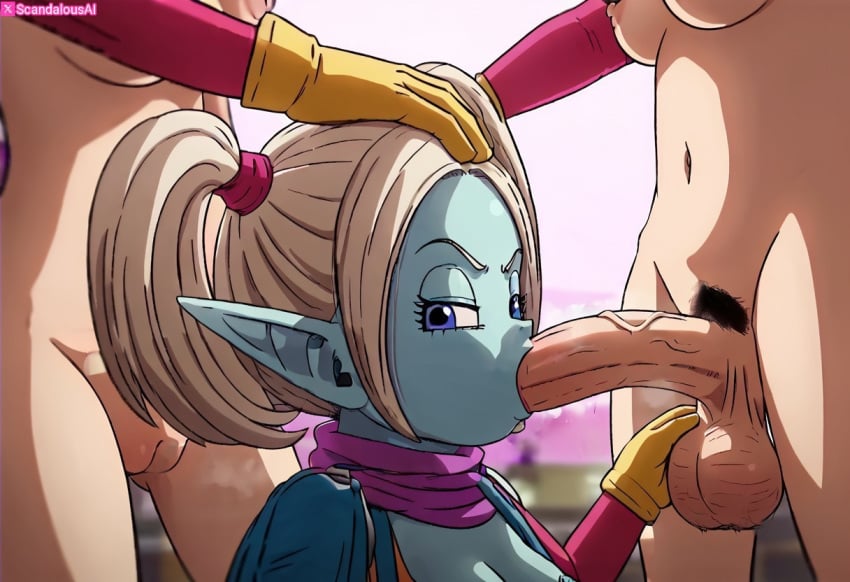 ai_generated annoyed annoyed_expression big_balls big_penis blowjob dragon_ball dragon_ball_daima fellatio futanari hairy_penis hand_on_head innie_pussy oral panzy_(dragon_ball_daima) pubic_hair saggy_balls scandalousai shortstack