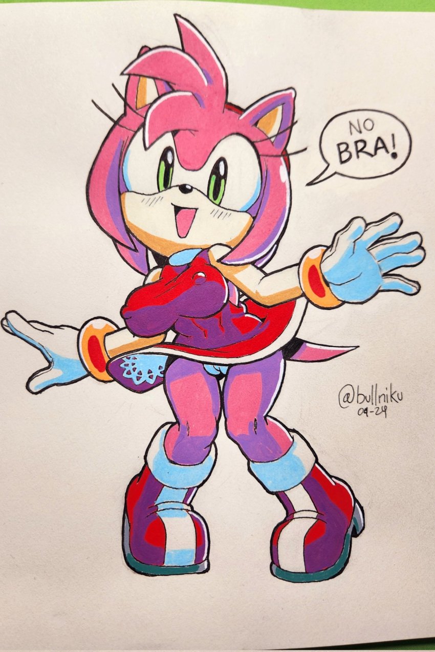 1girls amy_rose braless breasts cameltoe hotred nipple_bulge nipples no_bra panties pussy rockthebull sonic_(series) traditional_media_(artwork)