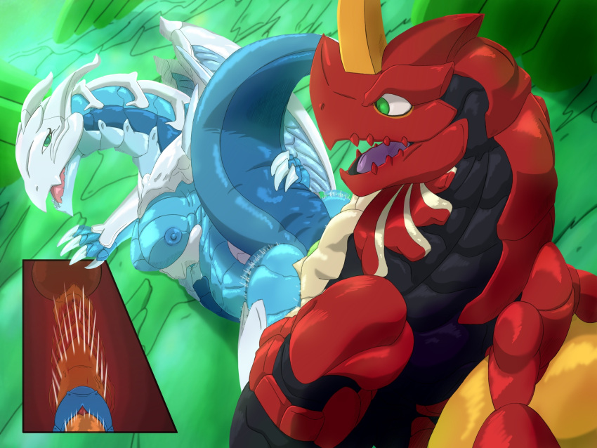 1_horn 2_horns 4_fingers anthro ass bakugan black_body blue_body blurred_background breasts claws detailed_background drago_(bakugan) dragon dragonoid_(bakugan) duo female finger_claws fingers genitals green_eyes hi_res horn internal internal_vaginal looking_at_another looking_at_partner male male/female motion_blur motion_lines mythological_creature mythological_scalie mythology nipples nude open_mouth penetration penis pussy ryudorubr sairus scalie tail uterus vaginal_penetration vaginal_penetration wings