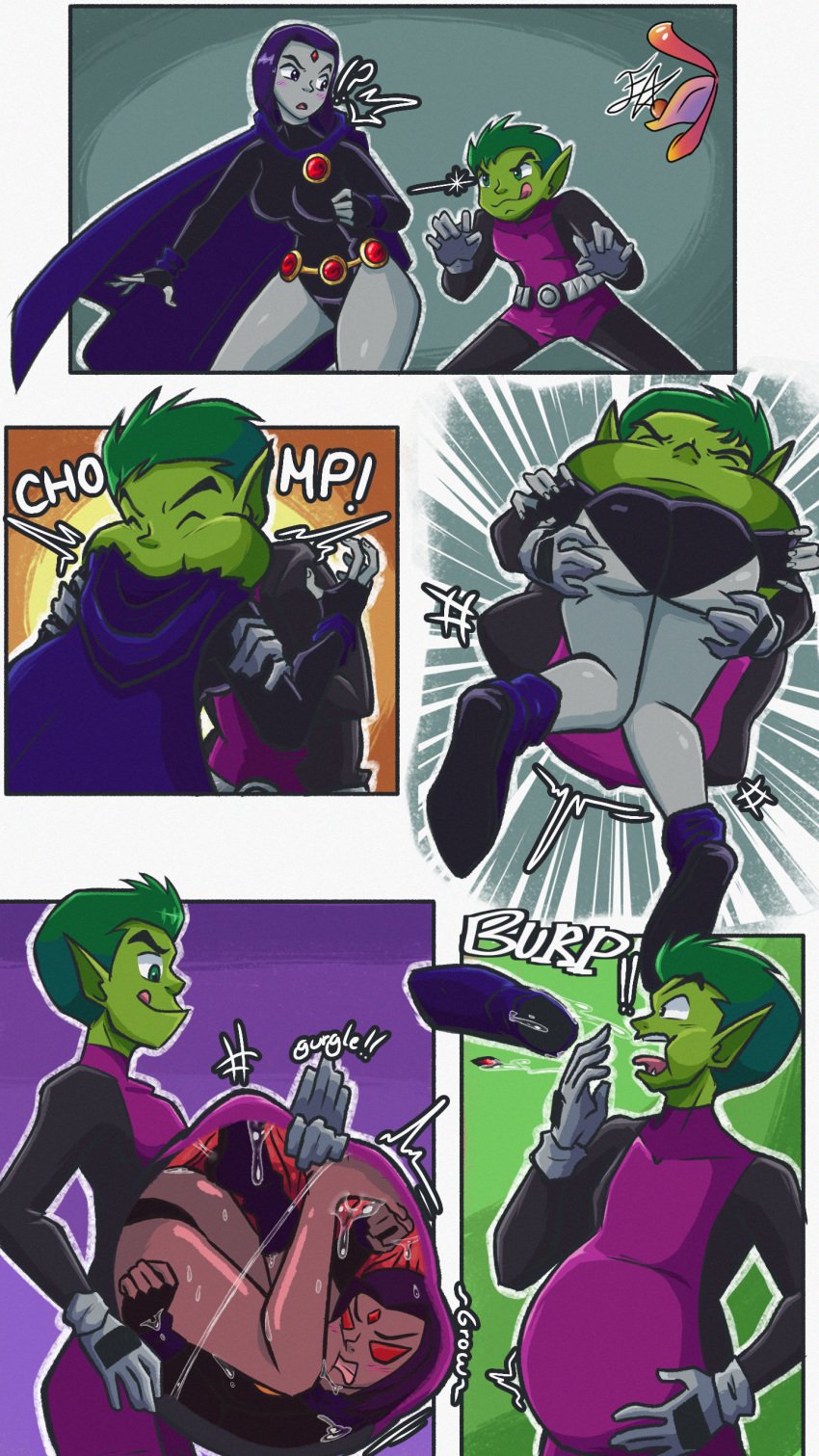 1boy 1girls artist_request beast_boy beast_boy_(teen_titans) burping dc dc_comics digestion fatal_vore female female_prey forehead_jewel garfield_logan green_eyes green_hair green_skin grey_skin licking_lips male male_pred oral oral_vore pointy_ears purple_hair rachel_roth raven_(dc) red_eyes same_size_vore short_hair superhero superheroine teen_titans uncensored vore x-ray