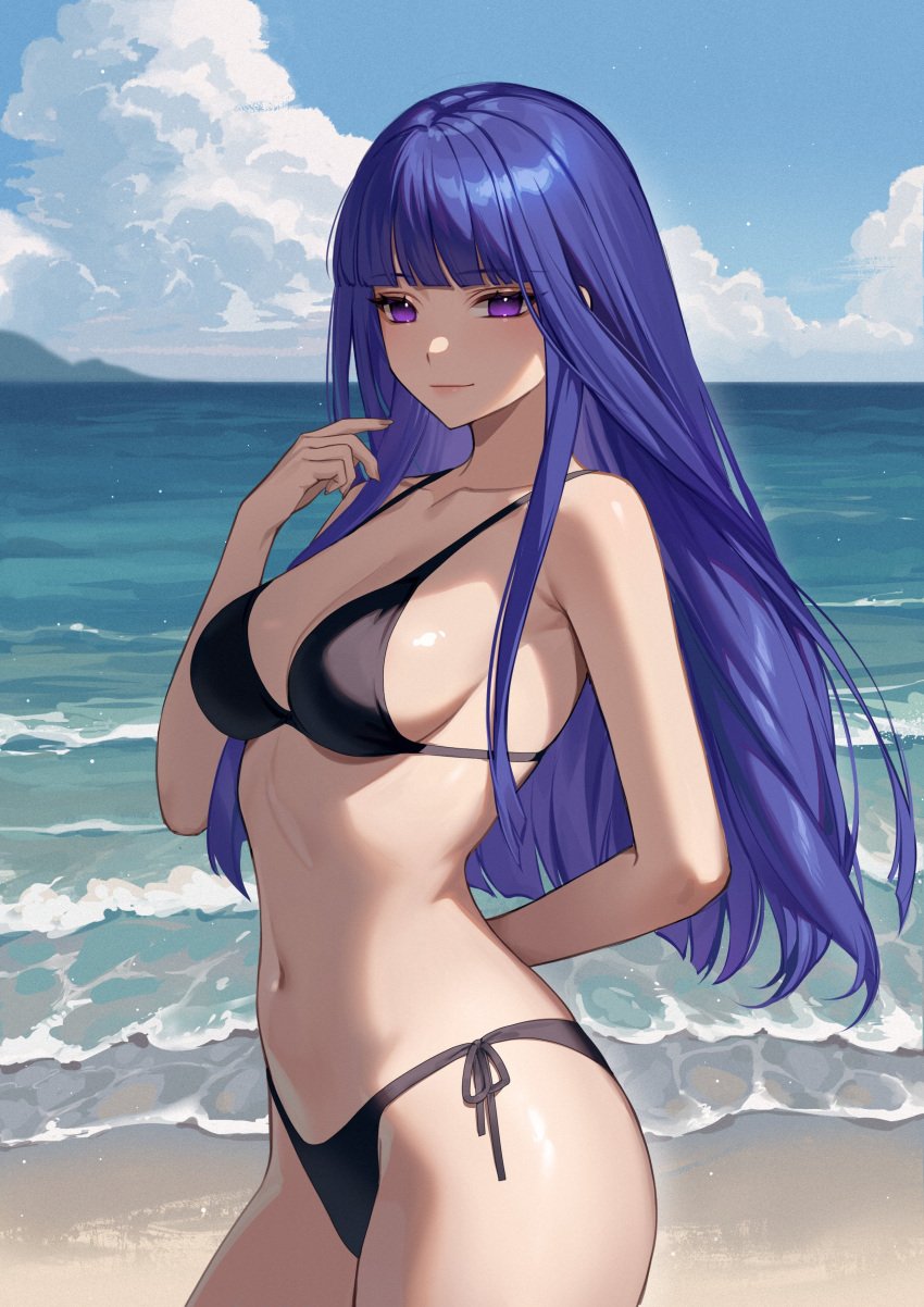 07th_expansion 2024 bangs beach bikini black_bra bra female female_focus female_only frederica_bernkastel hand_behind_back helloimtea highres hime_cut light-skinned_female long_hair navel purple_eyes purple_hair seaside standing umineko_no_naku_koro_ni