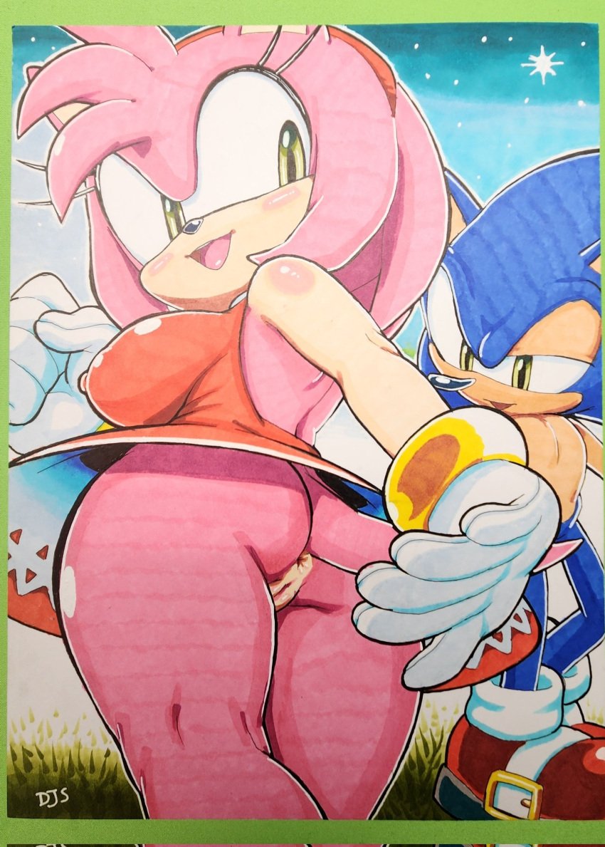 1boy 1girls amy_rose anus ass hotred pussy rockthebull sonic_(series) sonic_the_hedgehog traditional_media_(artwork)