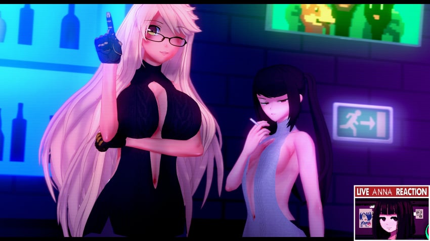 3d 3girls ahoge alma_armas anna_graem black_hair blonde_hair blush blush cigarette dark-skinned_female dark_skin julianne_stingray koikatsu large_breasts light-skinned_female light_skin long_hair looking_at_viewer looking_away pixel_art ponytail spiritofrei tagme twintails va-11_hall-a virgin_killer_sweater