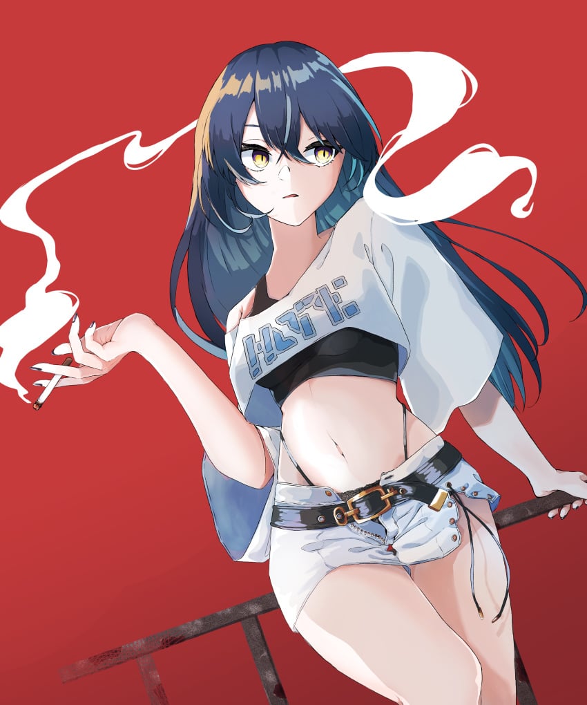 1girls bangs belly belly_button belt blue_hair bra cigarette crop_top eyelashes female_only long_hair looking_away original red_background short_shorts small_waist smoke smoking solo thighs thin thin_waist thong white_pants white_shirt white_skin yellow_eyes