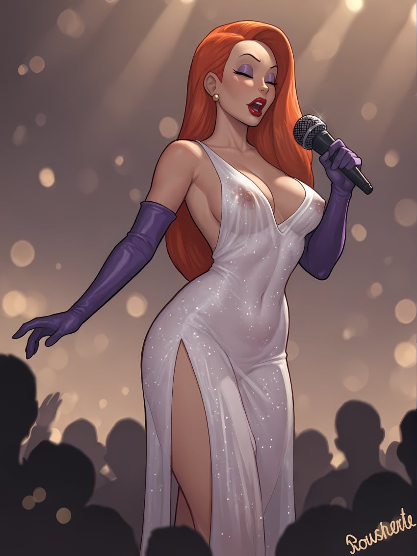 ai_assisted ai_generated big_breasts bokeh jessica_rabbit long_gloves microphone on_stage red_hair red_lipstick rousherte see-through see-through_clothing singing slim_waist white_dress who_framed_roger_rabbit