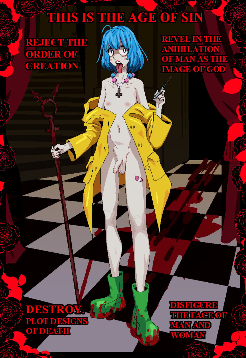 1dickgirl 1futa bandaid blood blue_hair boots dickgirl estrogen flaccid_penis flat_chest futanari heresy holy_year_2025 hormones intersex inverted_cross luce_(vatican) lunaticker necklace parody raincoat scepter small_breasts syringe text tongue_out trans_woman transfem transgender_symbol