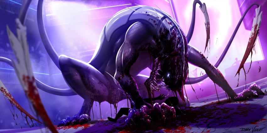 2025 2:1 absurd_res blood blue_sclera bodily_fluids claws dark_violet digital_media_(artwork) female feral front_view genital_fluids genitals gore grey_body hi_res inside khanivore love_death_+_robots monster multi_tail netflix open_mouth pussy saliva solo tail teeth vaginal_fluids