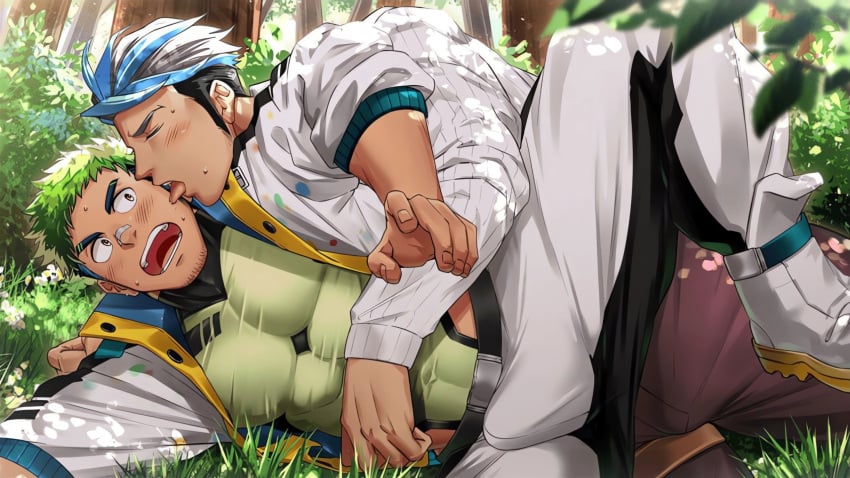 2boys abs bandaid bandaid_on_nose bangs bara beard_stubble beefy before_sex black_hair blue_hair blush bulge bulge_through_clothing closed_eyes clothed crave_saga duo erection erection_under_clothes forest gay grass green_hair grey_hair hi_res hugging hugging_from_behind jacket jacket_open legs_up licking licking_face lying lying_on_side male male/male male_only mature_male multicolored_hair muscles muscular muscular_male open_clothes open_mouth outdoors pecs short_hair spread_legs sweat sweatdrop tepen_(tptptpn) thick_eyebrows tight_clothing tongue_out v-shaped_eyebrows wide_eyed yellow_eyes