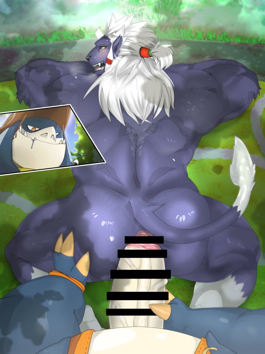 absurd_res anal anthro ass back_muscles belly blue_body blue_fur bodily_fluids clothed clothing debirobu drooling duo felid final_fantasy final_fantasy_x fur genitals hair hat headgear headwear hi_res kimahri lying male male/male male_penetrated male_penetrating male_penetrating_male mammal muscular muscular_anthro muscular_male on_front overweight partially_clothed penetration penis ronso saliva seeq sex shallow_penetration square_enix vein veiny_penis white_hair