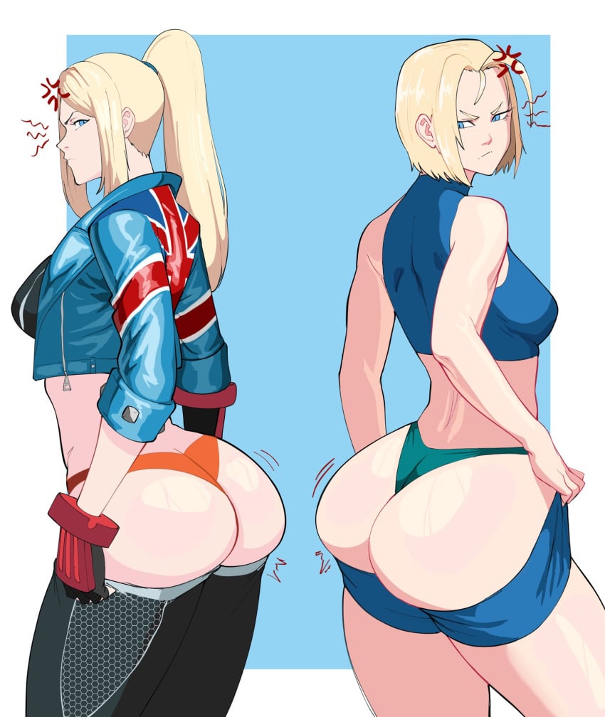 2girls anger_vein annoyed ass big_ass blonde_hair bubble_butt cammy_white cammy_white_(cosplay) casual_outfit_(metroid) clothing cosplay costume_switch crop_top crossover dat_ass fat_ass female female_only fingerless_gloves gloves huge_ass jacket large_ass looking_at_ass looking_back metroid octavius_dp outfit_swap panties pants samus_aran samus_aran_(cosplay) shorts street_fighter street_fighter_6 thick_ass thick_thighs wide_hips