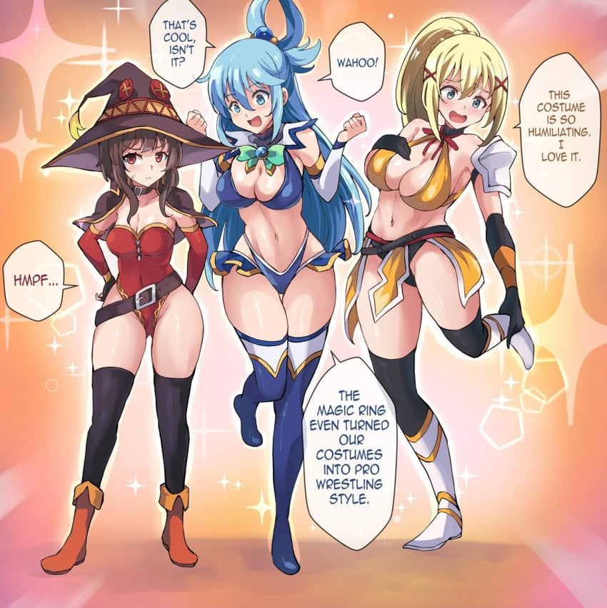 3girls adapted_costume aqua_(konosuba) big_breasts blonde_hair blue_eyes blue_hair breasts brown_hair cleavage darkness_(konosuba) english_text female female_only full_body hat hi_res kineluchs kono_subarashii_sekai_ni_shukufuku_wo! leotard long_hair medium_breasts megumin midriff navel ponytail red_eyes revealing_clothes sidelocks text thighhighs very_long_hair witch_hat wrestling_outfit