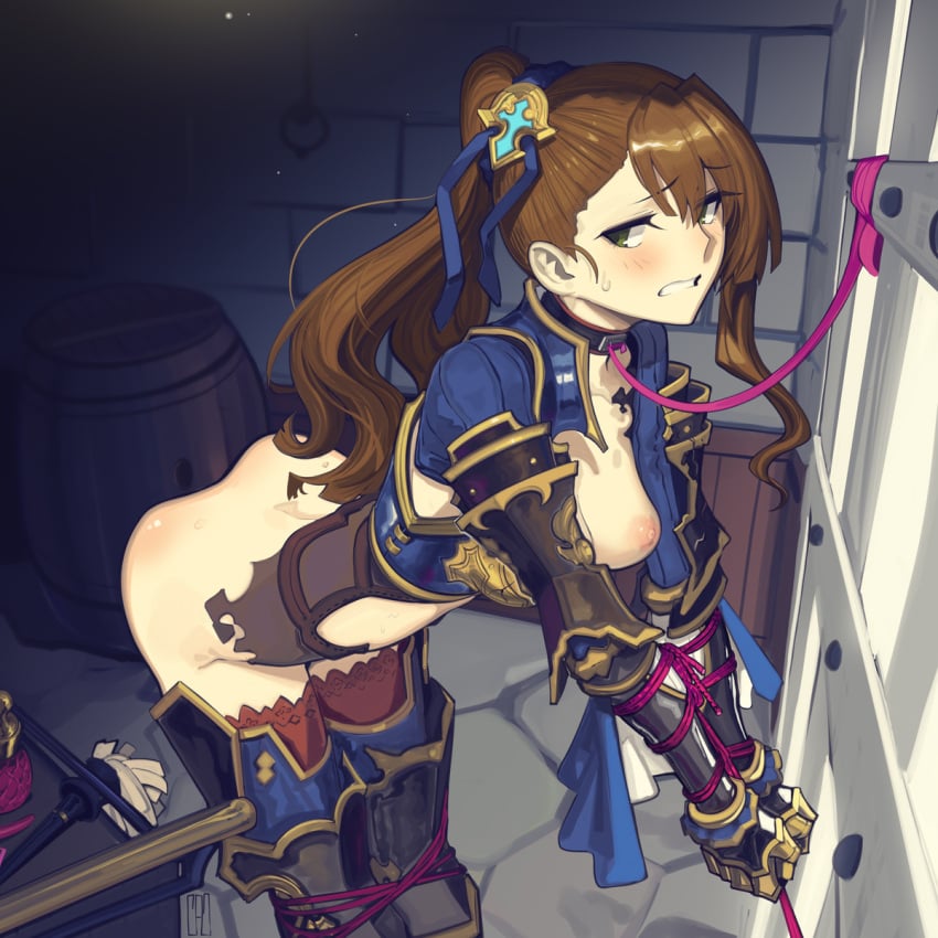 beatrix_(granblue_fantasy) bondage breasts breasts_out brown_hair cell collar granblue_fantasy leash leashed_collar tied_up