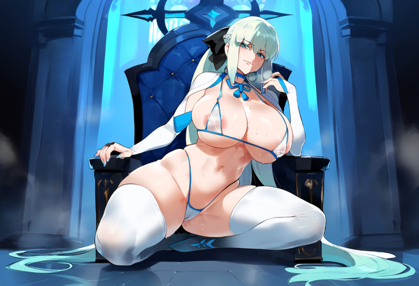 1girls ai_generated big_breasts blue_eyes breasts fate/grand_order fate_(series) female female_focus female_only large_breasts looking_at_viewer mature_female morgan_le_fay_(fate) smiling smiling_at_viewer stockings white_hair