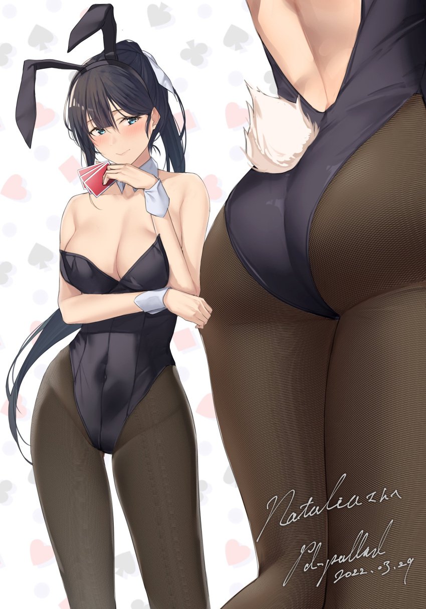 absurdres animal_ears arm_under_breasts ass ass_focus black_hair black_leotard blue_eyes blush breasts card character_name cleavage closed_mouth commentary commissioner_name dated fake_animal_ears fake_tail female female_only fishnet_pantyhose fishnets from_behind hand_up highres holding holding_card large_breasts leotard long_hair looking_at_viewer multiple_views natalia_dominique original pallad pantyhose playing_card rabbit_ears rabbit_tail second-party_source smile standing strapless strapless_leotard tail white_wrist_cuffs wrist_cuffs