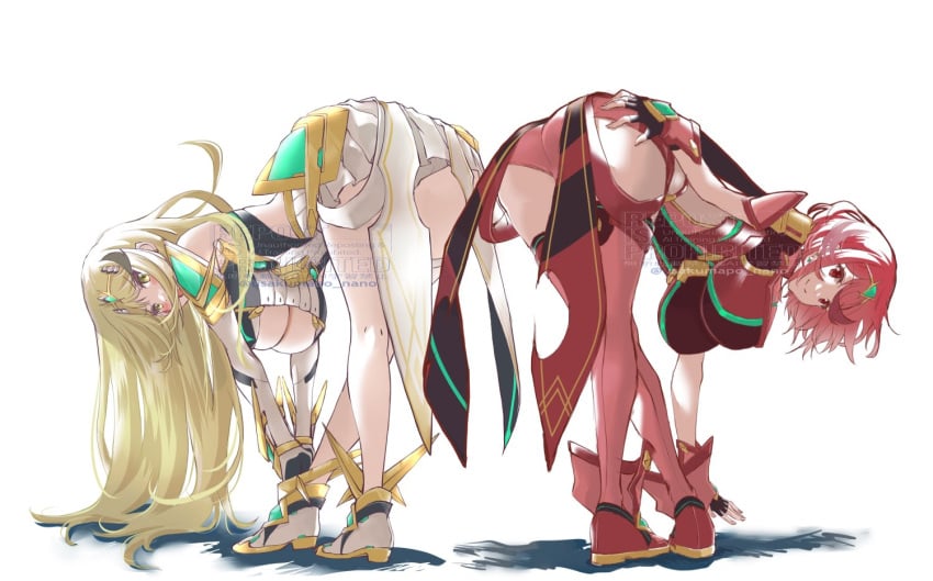 ass ass_focus bent_over embarrassed mythra pyra smile xenoblade_(series) xenoblade_chronicles_2