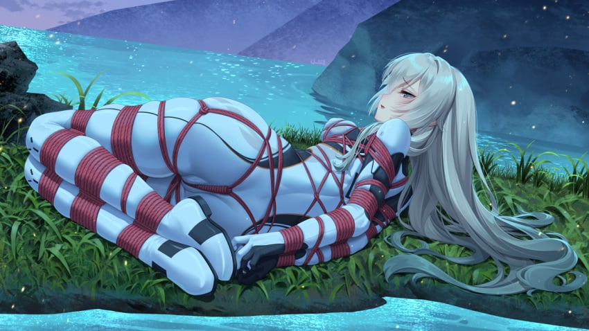 bondage firefly_(honkai:_star_rail) grass honkai:_star_rail honkai_(series) laying_down long_hair night plugsuit restrained tied_up water white_hair